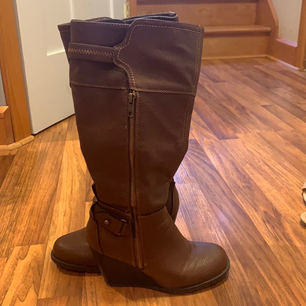 Brown, wide calf, wedge boots